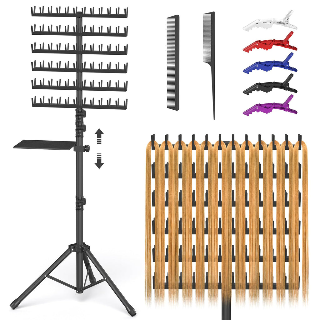 Hemndic Braiding Hair Rack with Tray, 2-sided 144 Pegs, Heavy Duty Braiding Rack Stand for Hair, Height Adjustable Standing Hair Extension Holder with Storage Bag & Braiding Accessories