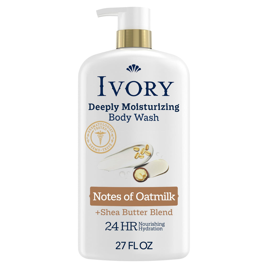 Ivory Body Wash, Deeply Moisturizing, 24hr Nourishing Hydration, Soothes Itchy Dry Skin, Made with Shea Butter Blend, Free of Dyes Heavy Perfumes Parabens & Phthalates, Oatmilk Scent, 27 oz
