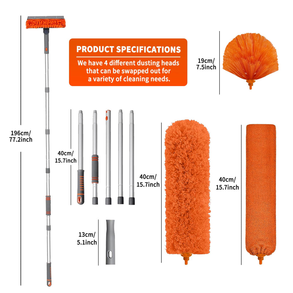 Ceiling Fan Cleaner Duster with 72‘’ Extendable Long Handle Cleaning Duster Kit, Reusable Chenille & Microfiber Mop Head for High Ceiling Fan Blade Wall Blinds Cobweb