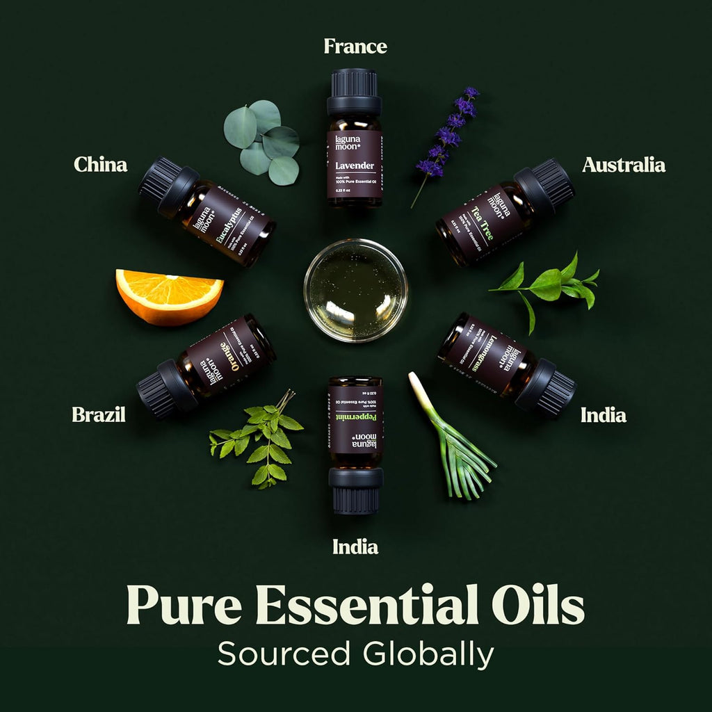 Buy now Lagunamoon Essential Oils Set - Top 6 Blends for Diffusers, Home Care, Candle Making Scents, Fragrance, Aromatherapy, Humidifiers, Gifts - Peppermint, Tea Tree, Lavender, Eucalyptus, Orange (10mL) at indiglob india