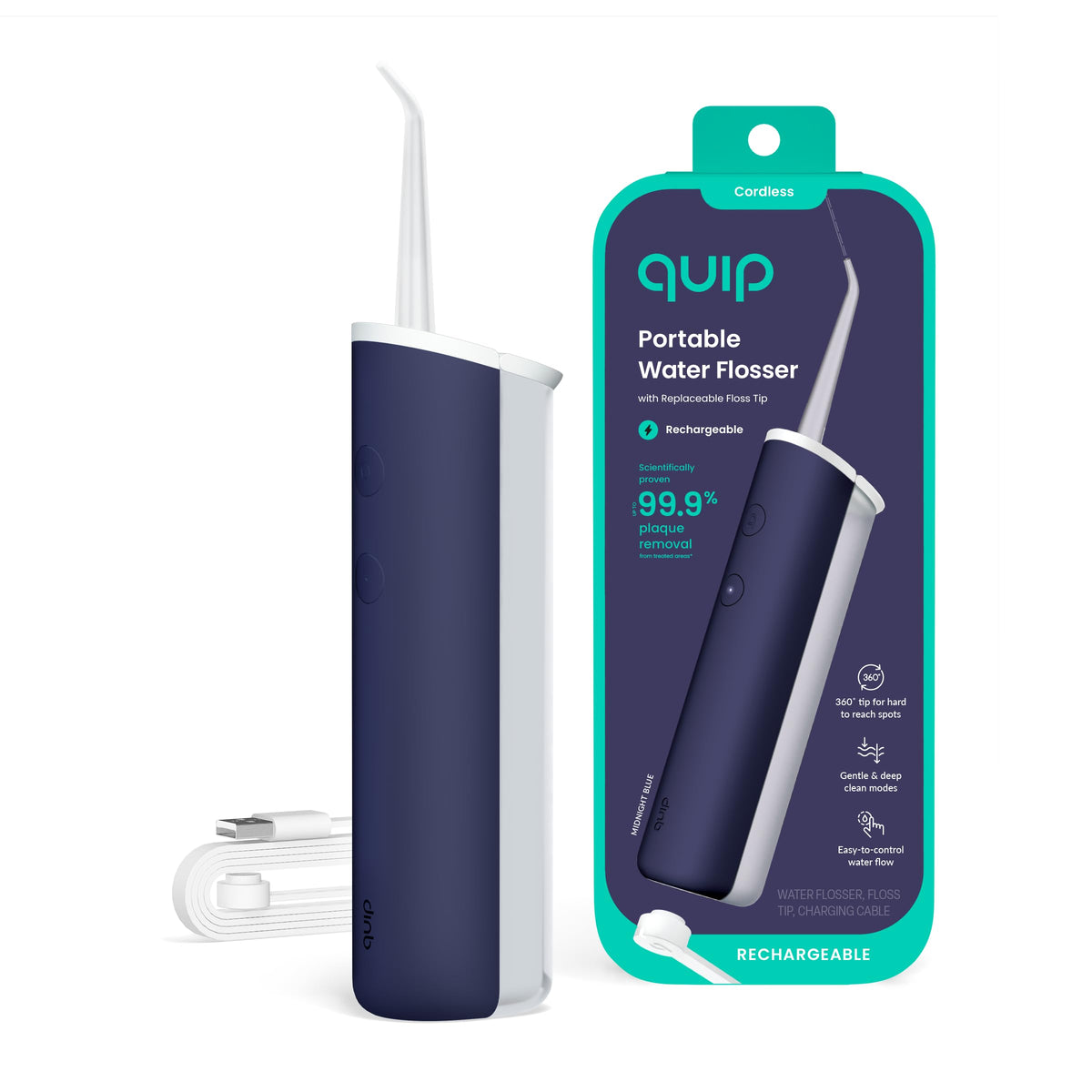quip Water Flosser with Replacement Tip Cordless Dental Pick, Midnight Blue