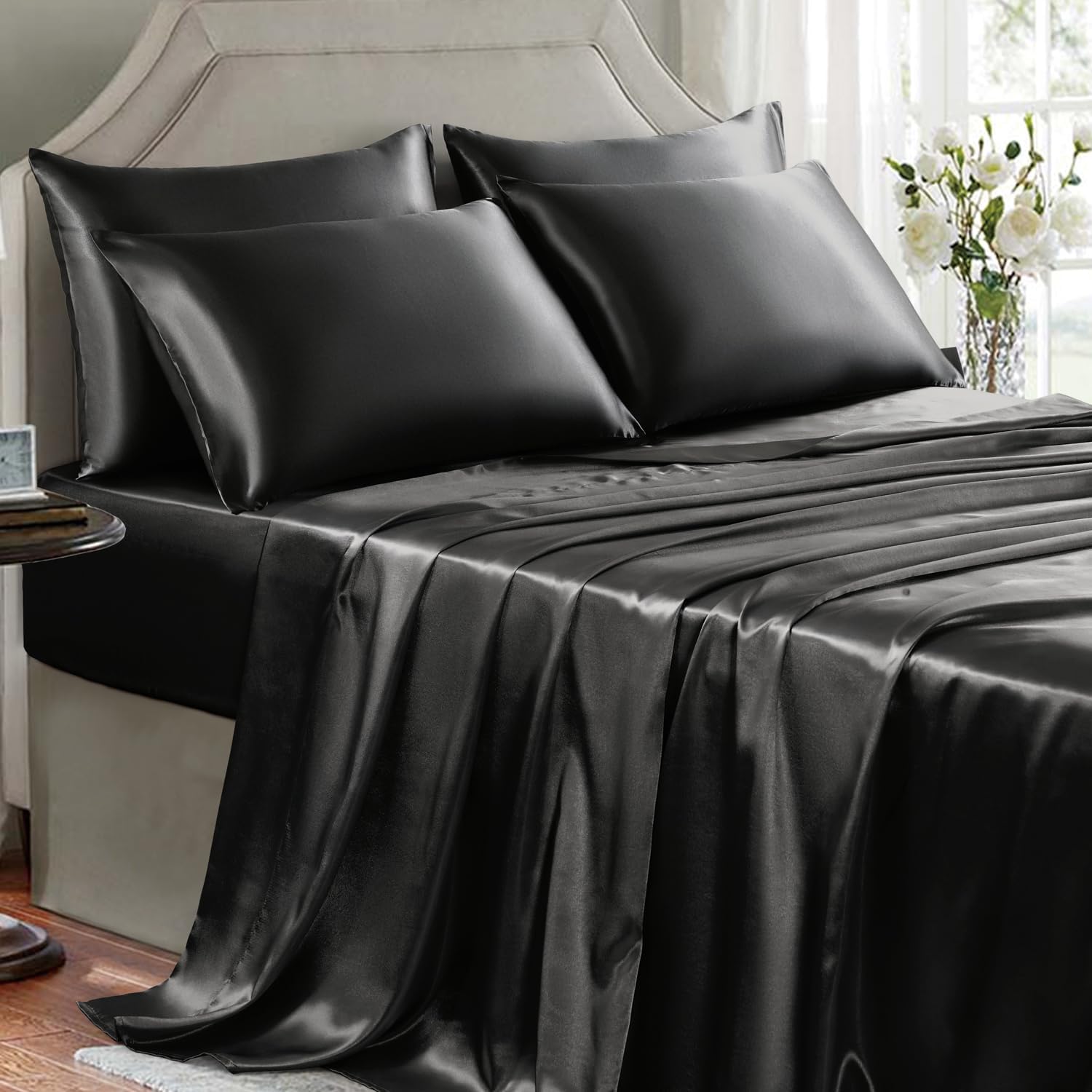 Buy now Satin Sheets King Size - 4 Pieces Luxury Silky Soft Bed Sheets, Wrinkle-Free Gold Satin Silk Sheet Set with 1 Deep Pocket Fitted Sheet, 1 Flat Sheet, 2 Pillow Cases Queen(6Pc) Black at indiglob india