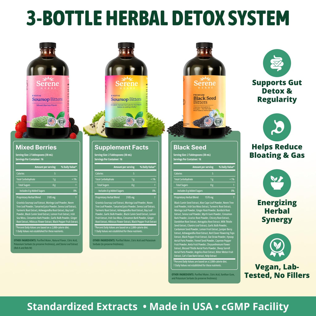 Serene Herbs Soursop Bitters Liquid & Black Seed Bundle – Organic Herbal Guanabana for Digestive Support & Immune Health – Vegan, Non-GMO – 32 oz (16 oz Each), (3 Pack)