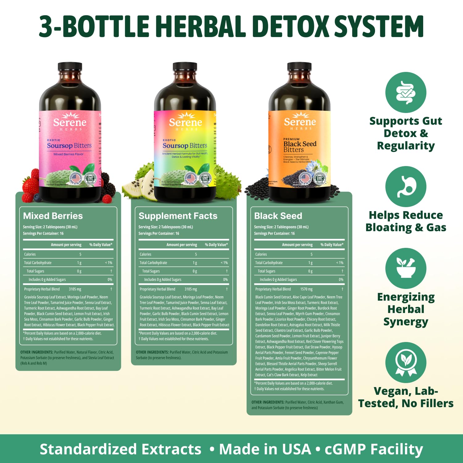 Serene Herbs Soursop Bitters Liquid & Black Seed Bundle – Organic Herbal Guanabana for Digestive Support & Immune Health – Vegan, Non-GMO – 32 oz (16 oz Each), (3 Pack)
