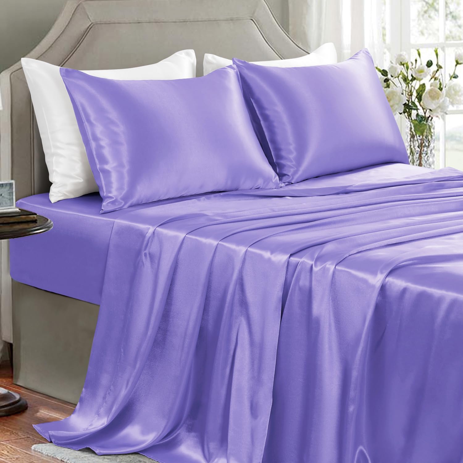 Buy now Satin Sheets King Size - 4 Pieces Luxury Silky Soft Bed Sheets, Wrinkle-Free Gold Satin Silk Sheet Set with 1 Deep Pocket Fitted Sheet, 1 Flat Sheet, 2 Pillow Cases King Lavender at indiglob india