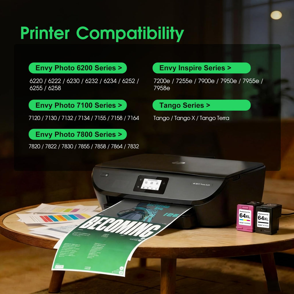 64XL Ink Cartridges Black/Color Combo Pack for HP Ink 64 XL for HP64 64XL
