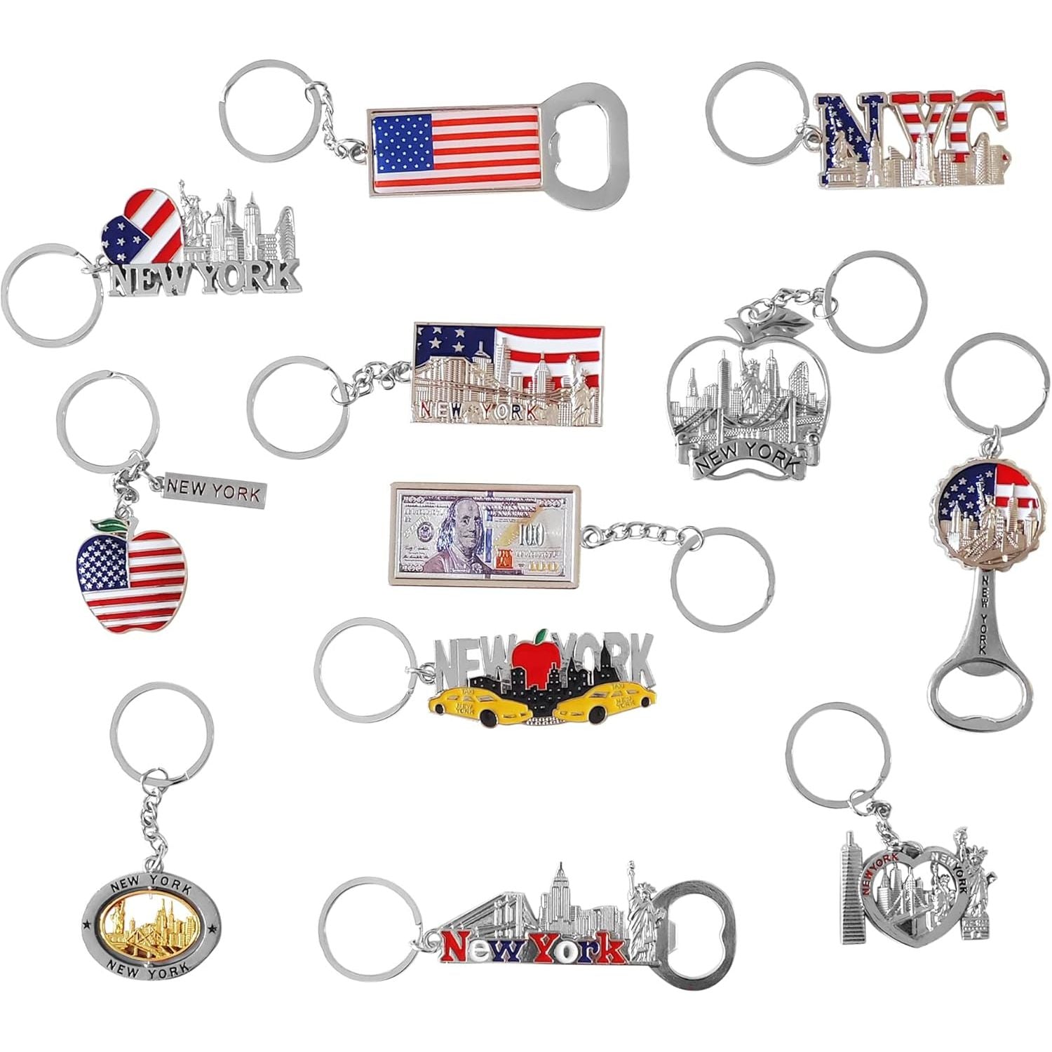 Buy now Spark 12-Pack New York City Souvenir Keychains – 3D Silver Metal NYC Landmark Set with Statue of Liberty, Empire State Building, Freedom Tower, Taxi Cab, USA Flag & Bottle Openers at indiglob india