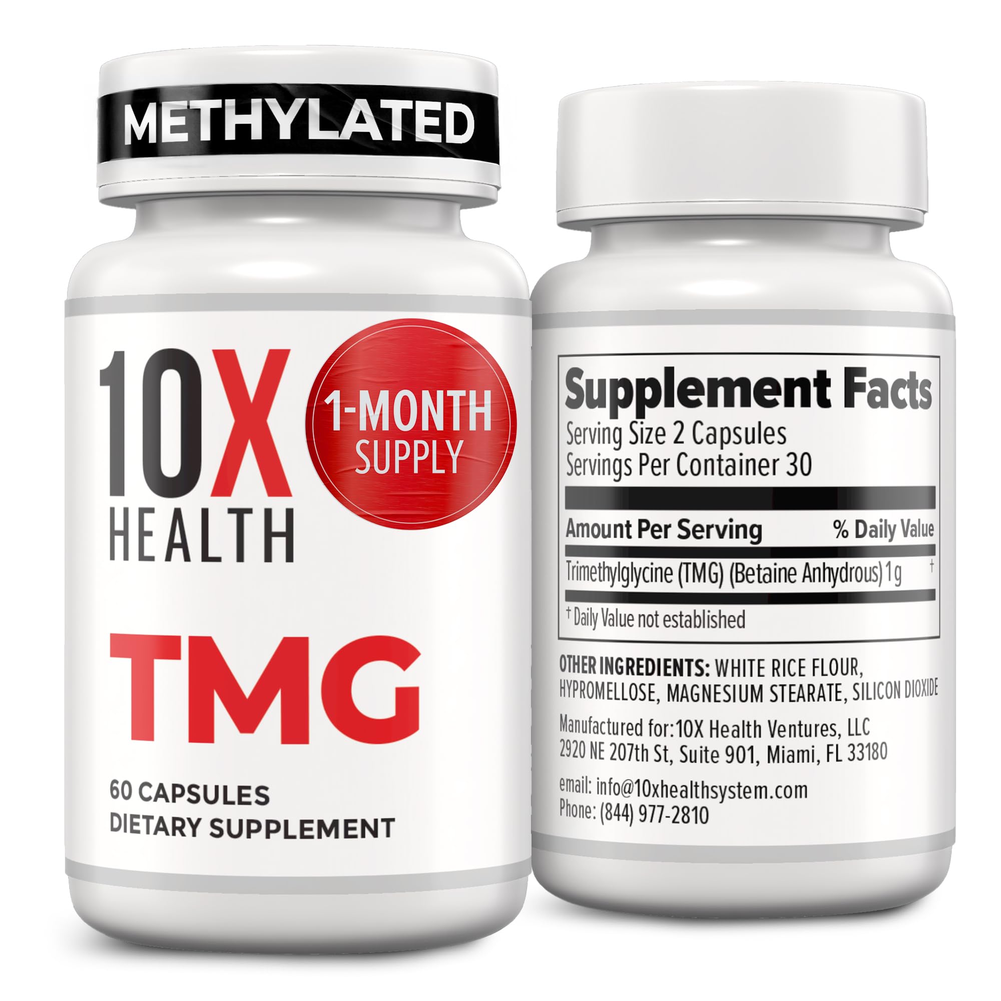 10X Health Tmg Supplements - 60 Capsules | Trimethylglycine: Betaine Anhydrous, Liver & Heart Support, Non-GMO & Gluten-Free
