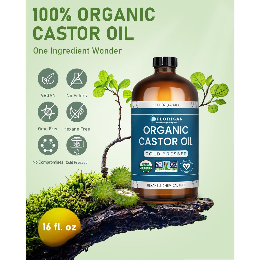Florisan USDA Certified Organic Castor Oil 16oz Glass Bottle, Cold Pressed, Hexane-Free, Non-GMO, Vegan, 100% Pure Castor Oil for Hair Growth, Skin, Lashes, Eyebrows, EWG Verified