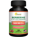 Berberine with Ceylon Cinnamon Supplement - 120 Capsules - 1200mg/Serving | Max Strength Berberine HCl Plus Complex - Premium Pure Extract Pills Alternative to Gummies, Drops & Patches