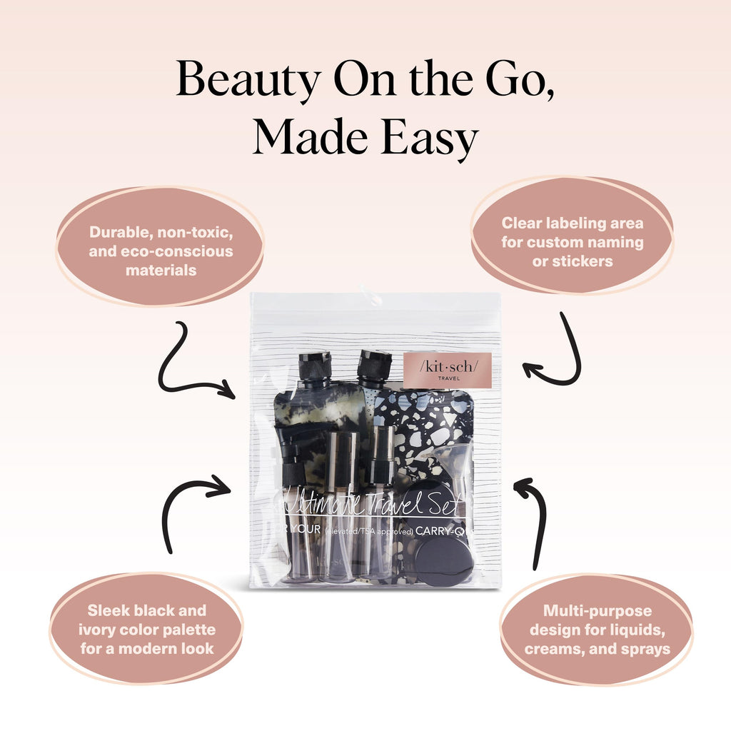Buy now Kitsch 11 PCS Travel Bottles for Toiletries â€“ Travel Essentials Kit for Shampoo, Conditioner, Lotion & More - TSA Approved Travel Bottles, Leak-Proof Refillable Travel Size Containers - Black & Ivory at indiglob india