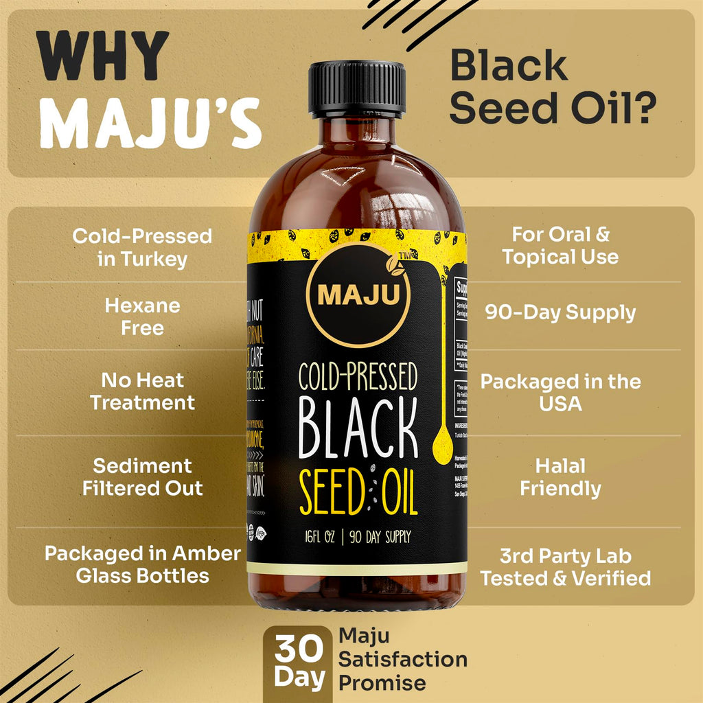 MAJU's Black Seed Oil 16oz: 2X Thymoquinone, Cold Pressed Turkish Black Cumin Nigella Sativa Seed Oil (Better Than Organic), Non-GMO, 100% Liquid Pure Blackseed, Glass Bottle