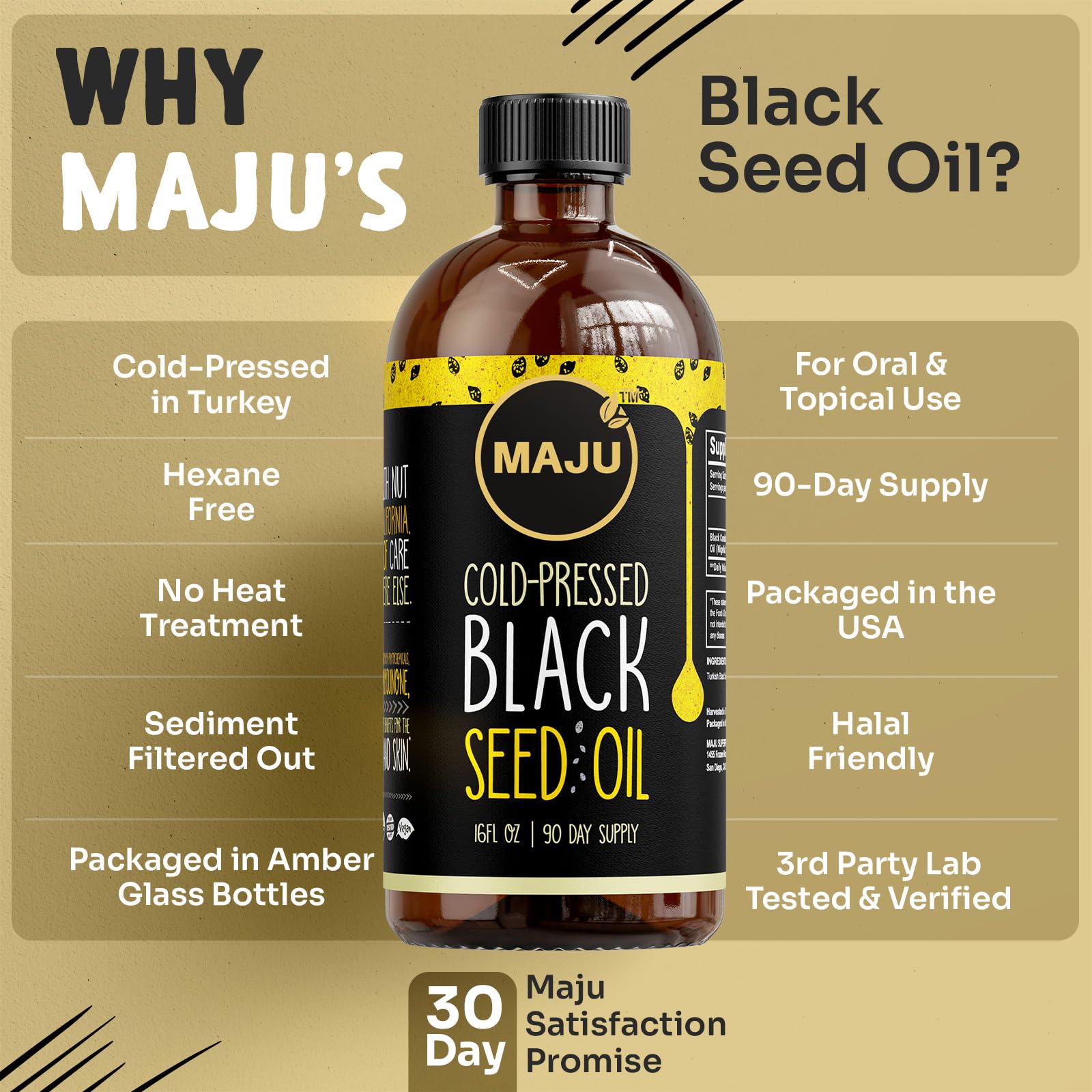 MAJU's Black Seed Oil 16oz: 2X Thymoquinone, Cold Pressed Turkish Black Cumin Nigella Sativa Seed Oil (Better Than Organic), Non-GMO, 100% Liquid Pure Blackseed, Glass Bottle