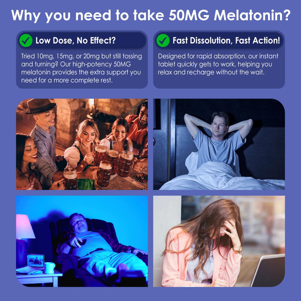 NEVISS Melatonin 50 mg for Adults - Extra Strength 9-in-1 Fast Dissolve Sublingual - High Dose with Magnesium Glycinate, Vitamin D3, Ashwagandha, Lemon Balm, Chamomile, Sugar Free, Vegan,60 Tablets