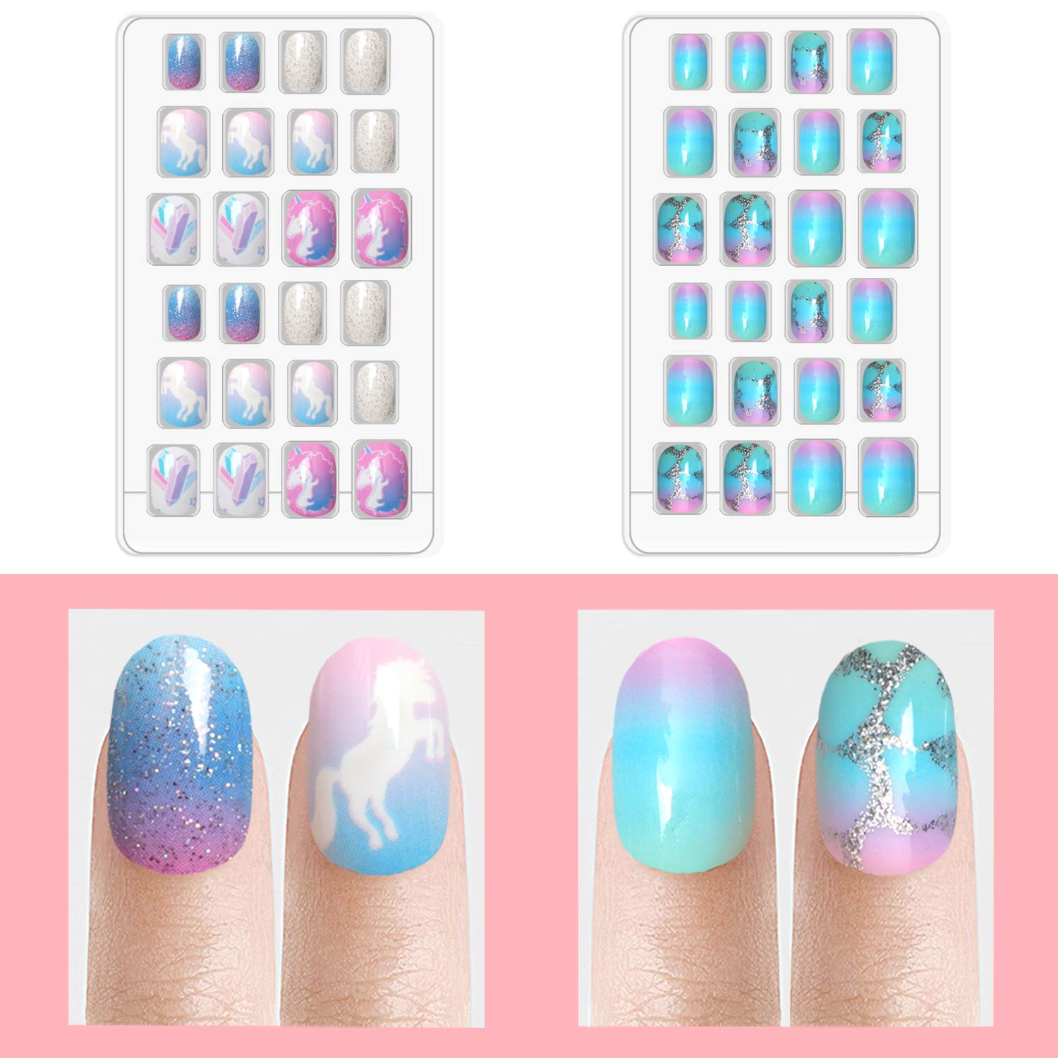 Buy now Laza 120pcs Children Nails Press On Pre-glue Full Cover Nail Tips Kit Glitter Gradient Color Rainbow Short Artificial False Nail Kits Lovely Christmas Gift for Children Kids Girls - Silver Pearl at indiglob india