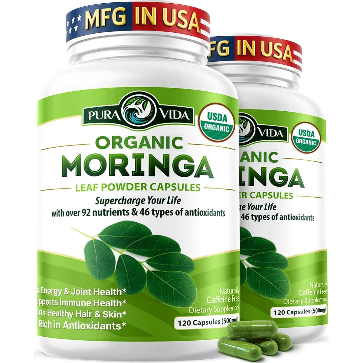 PURA VIDA MORINGA Organic Moringa Capsules Single Origin Moringa Powder Organic. Pure Moringa Leaf. Energy, Metabolism, & Immune Support. 120ct. 500mg Caps (Pack of 2)