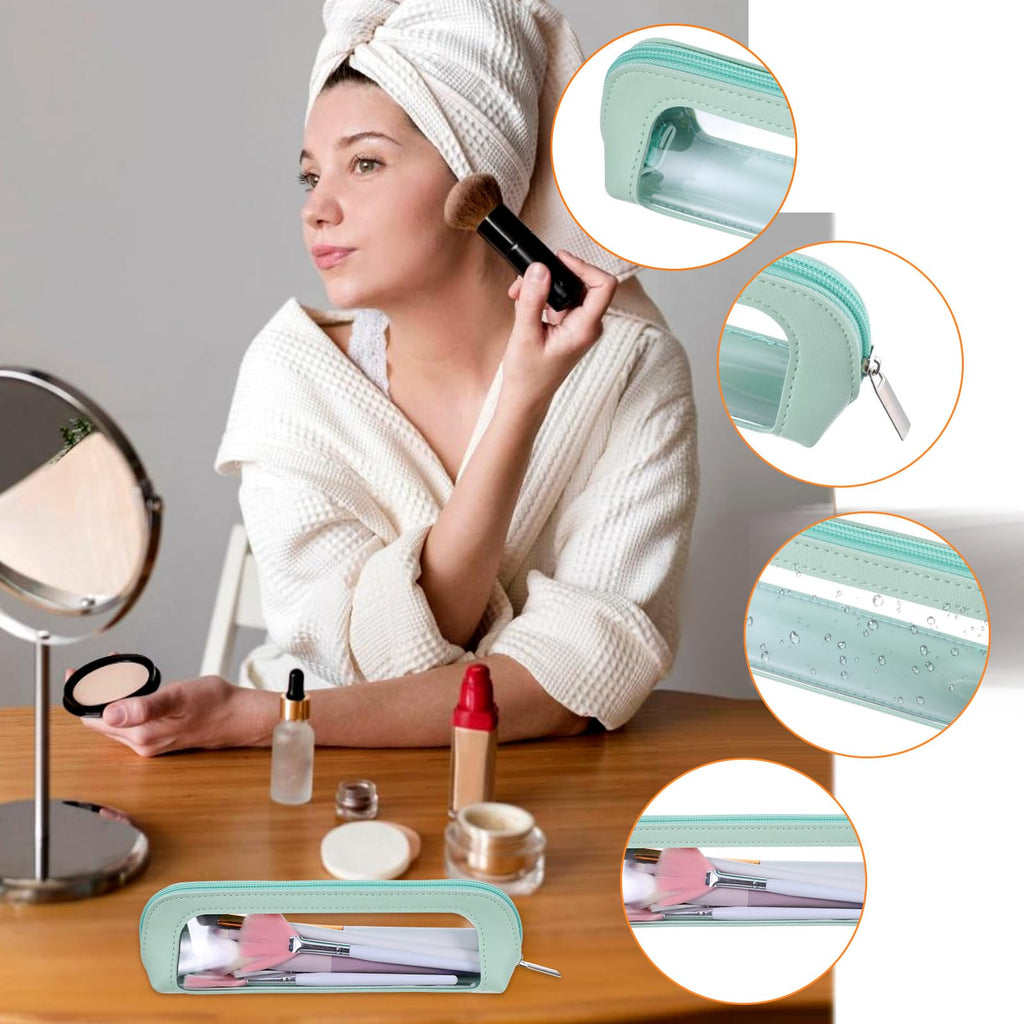 Stylish small clear makeup bag made from PU leather, featuring a transparent design, perfect for organizing cosmetics.