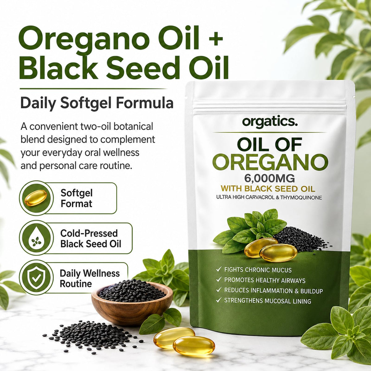 Oregano Oil & Black Seed Oil Softgels, with Cold-Pressed Black Seed and MCT, Non-GMO, Gluten Free