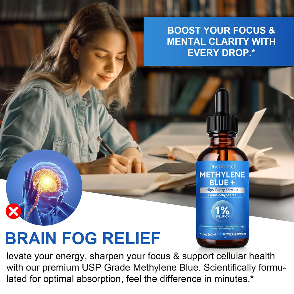 Methylene Blue Pharmaceutical Grade, Methylene Blue Drops for Humans Brain Health and Energy Support, No Formaldehyde, No Alcohol, No Gluten - 2 Fl OZ