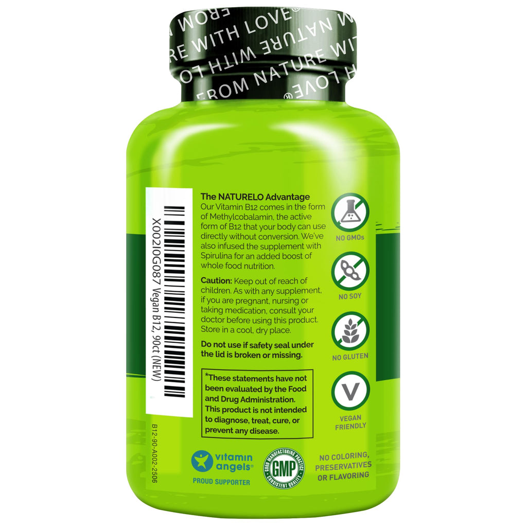 NATURELO Vegan B12 - Methylcobalamin, 90 Capsules | Organic Spirulina, Methyl B12 1000 mcg, Supports Healthy Mood, Energy, Heart & Eye Health, Vitamin B12 1000 mcg