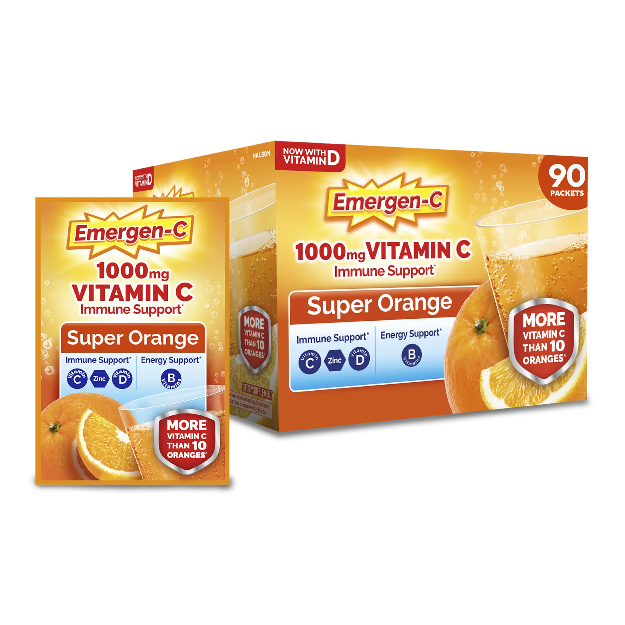 Emergen-C 1000mg Vitamin C Immune Support Powder, Super Orange, 90 ct | B Vitamins for Energy, Zinc and Manganese, Vitamin D, Electrolytes, 3 Month Supply, Natural Flavor