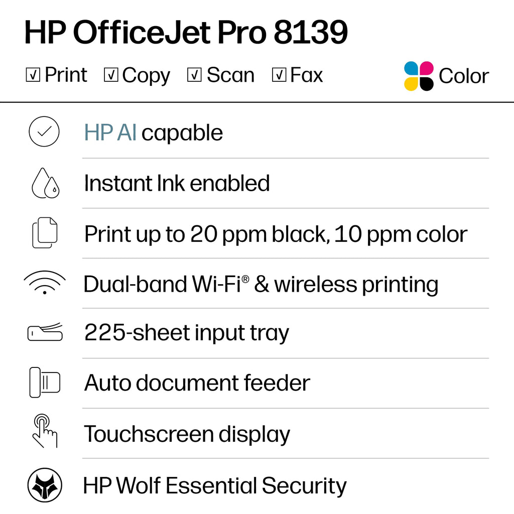 HP OfficeJet Pro 8139 Wireless All-in-One Color Inkjet Printer, Print, Scan, Copy, Fax, ADF, Duplex Printing Best-for-Home-Office, 1 Year Trial of Instant Ink Included, AI-Capable (C2VK3A)