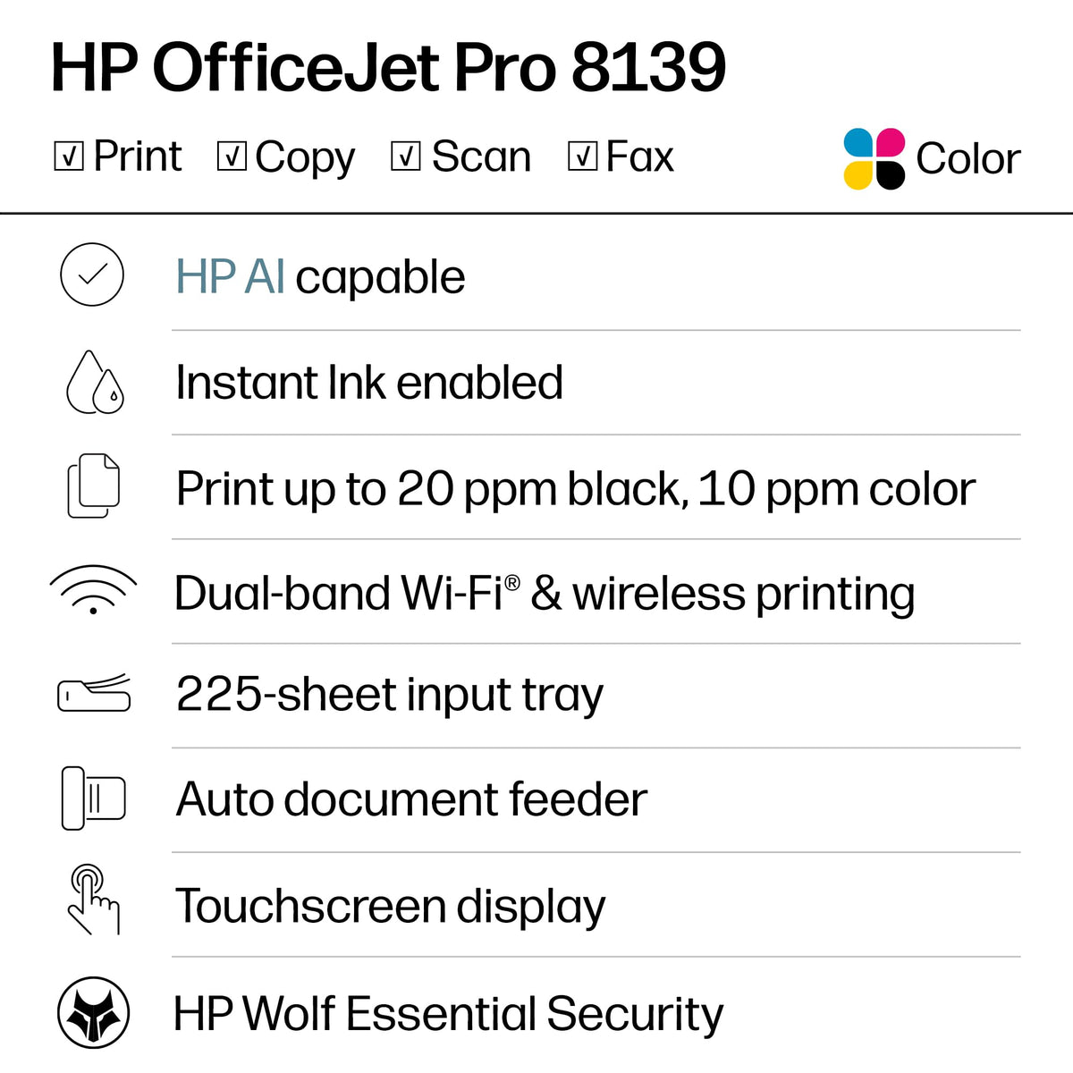 HP OfficeJet Pro 8139 Wireless All-in-One Color Inkjet Printer, Print, Scan, Copy, Fax, ADF, Duplex Printing Best-for-Home-Office, 1 Year Trial of Instant Ink Included, AI-Capable (C2VK3A)