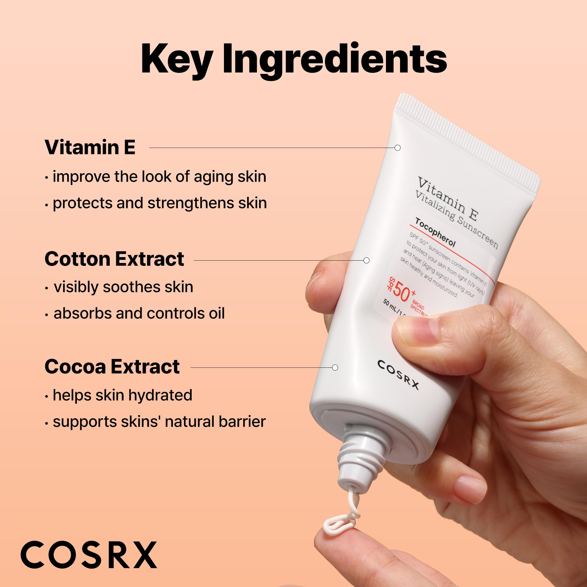 COSRX Vitamin E Sunscreen SPF 50, Natural Glow, for Oily Skin, 1.69 fl oz | Hydrating Face Sunscreen, Lightweight, Non-Sticky, No White Cast, Beach Essentials, Travel Essentials, Korean Skincare