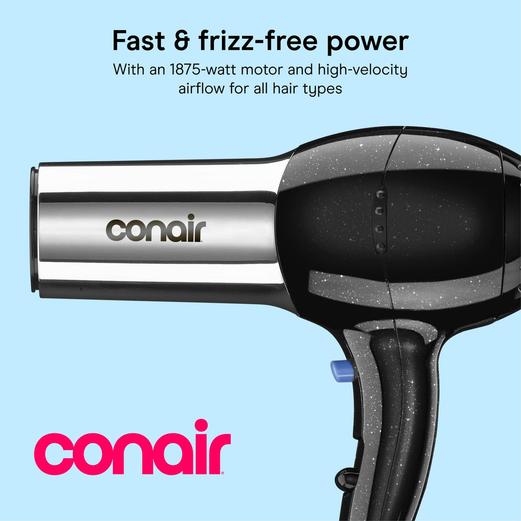 Conair Ionic Hair Dryer with Concentrator Attachment, 1875W, Full Size | Fast-drying blow dryer with various heat and speed settings and a lightweight design for effortless everyday styling