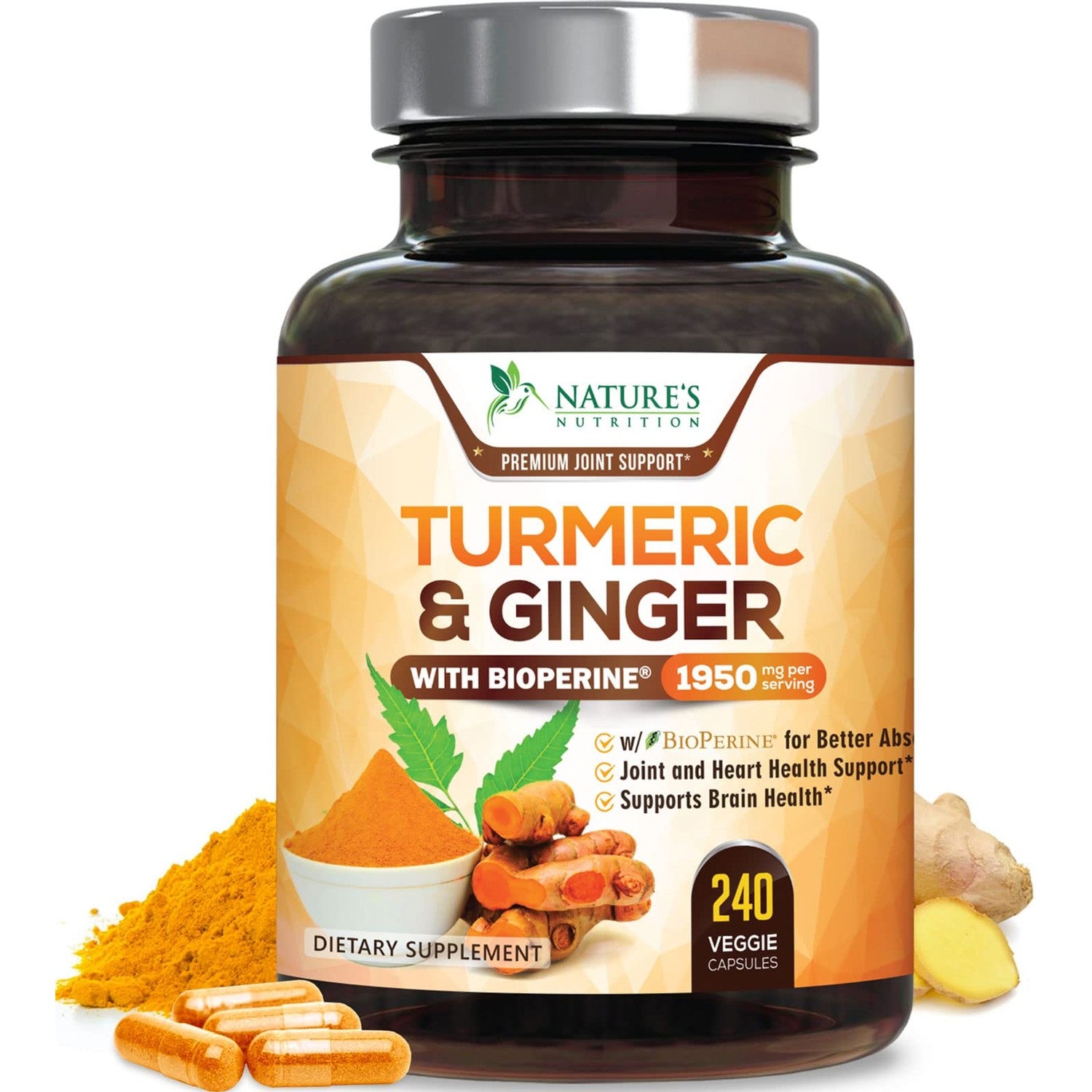 Turmeric Curcumin Supplement - 95% Curcuminoids with Organic Turmeric & Ginger, BioPerine Black Pepper Extract for Best Absorption, Natural Vegan Joint Support, Non-GMO, Bottled in USA - 240 Capsules