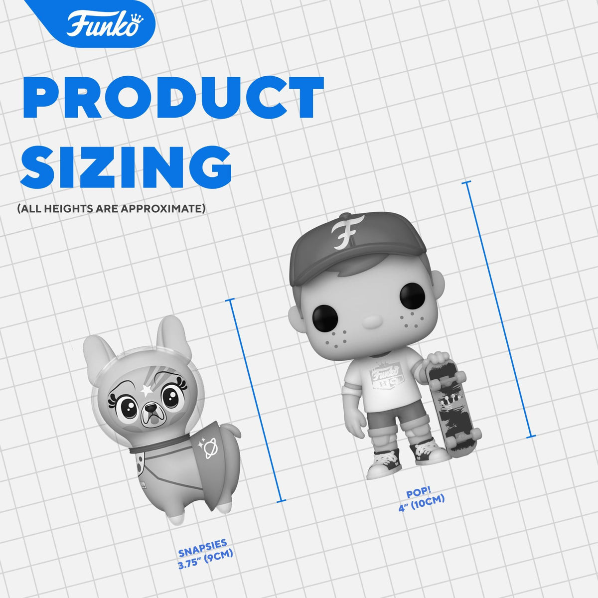 Two Funko figures: a Snapsie dog and a Pop! character; both displayed with sizing details for reference.
