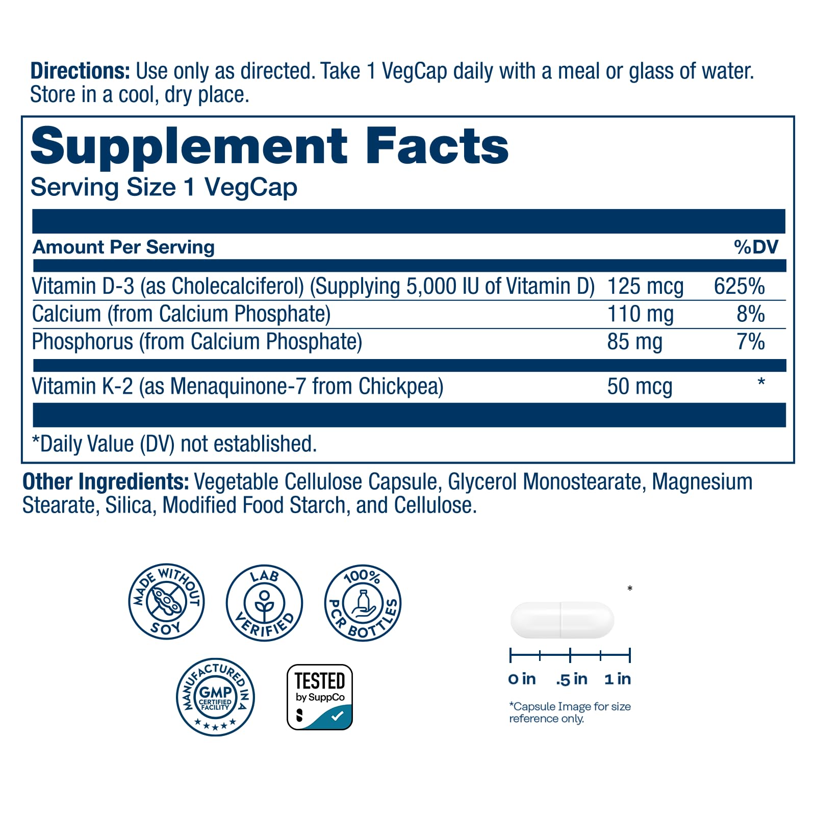 SOLARAY Vitamin D3 K2 Capsules, 60 VegCaps | Bone & Immune Support, 5000 IU Vitamin D3, 50 mcg MK7 Vitamin K2, 60 Servings, Made Without Soy, Lab Verified