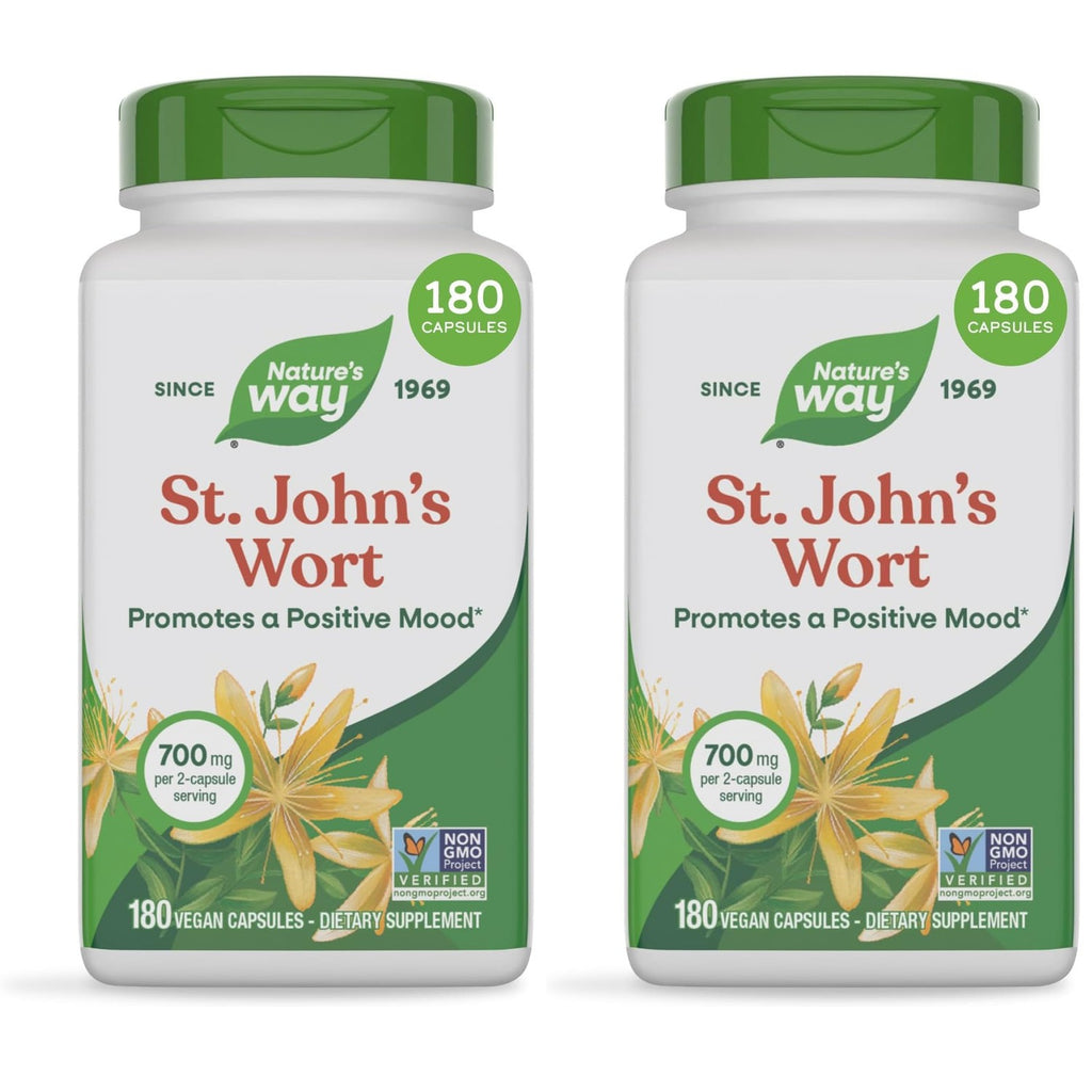 Nature's Way St. John’s Wort Capsules, 700 mg per Serving, 180 ct | Herbal Supplement Promotes a Positive Outlook*, 700 mg per 2-Capsule Serving, Non-GMO Project Verified, Vegan Capsules