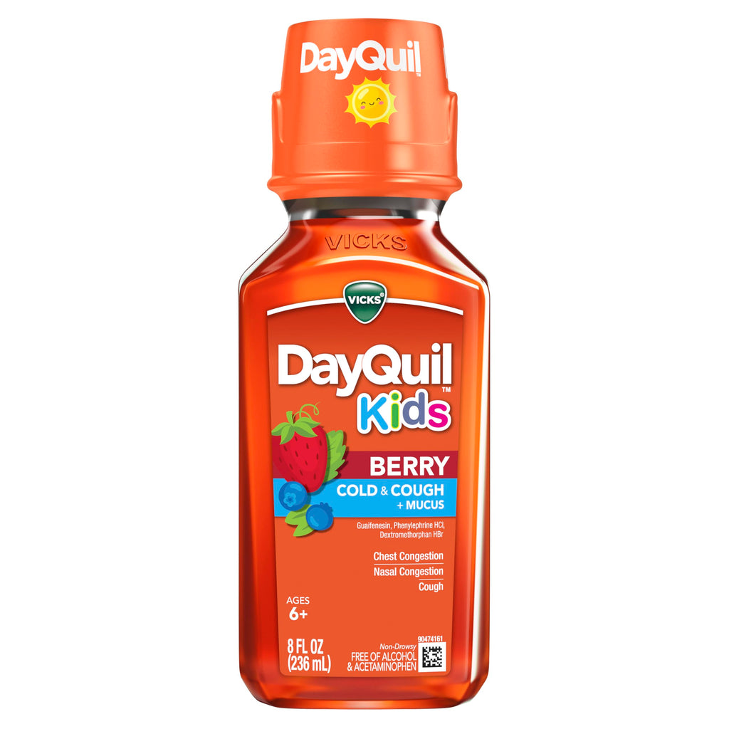Buy now VICKS Kids DayQuil & NyQuil Berry Cold & Cough Medicine Co-Pack, Daytime & Nighttime Relief of Multiple Symptoms, Great-Tasting Berry Flavor, Free of Alcohol & Acetaminophen, for Ages 6+, 2x8oz at indiglob india