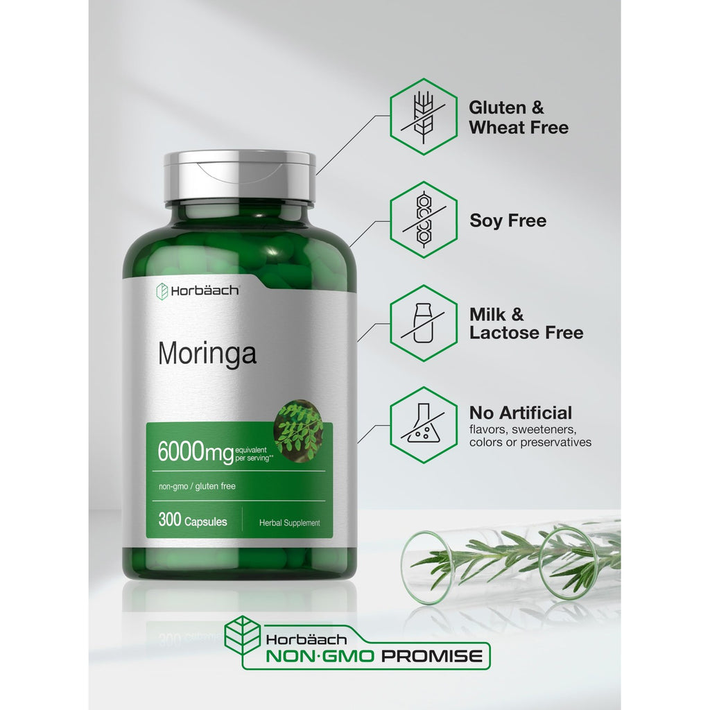 Horbäach Moringa Oleifera | 300 Powder Capsules | Complete Green Superfood