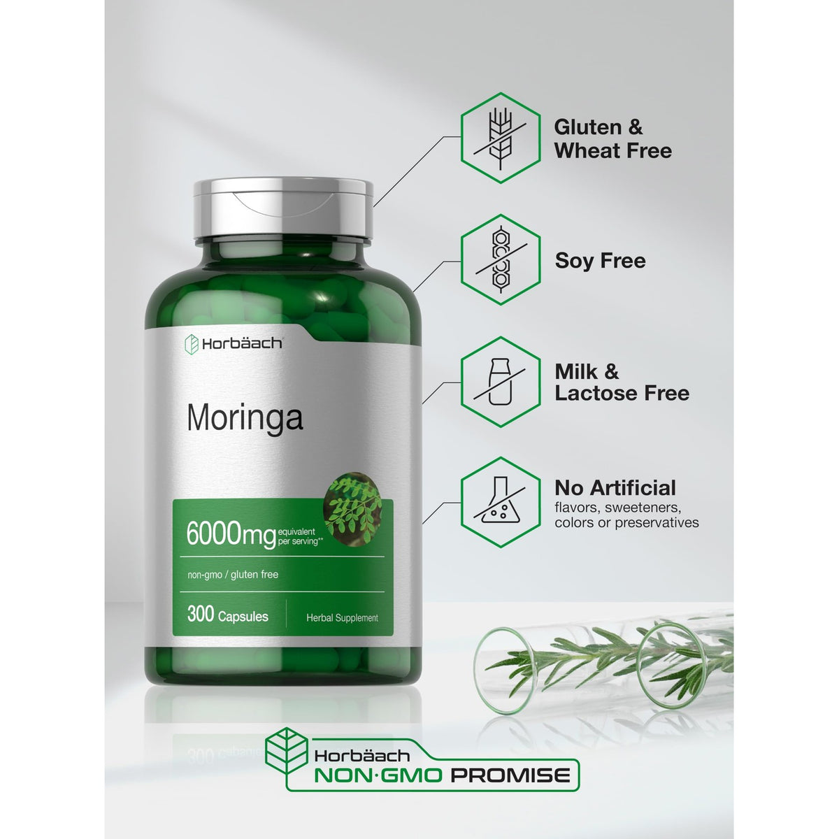 Horbäach Moringa Oleifera | 300 Powder Capsules | Complete Green Superfood