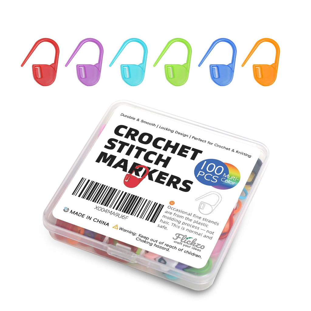 100PCS Crochet Stitch Markers by Flickzo – Locking Stitch Markers with Storage Case, Plastic Safety Pins for Knitting & Crochet, Colorful Yarn Accessories for Crochet Tools & Supplies
