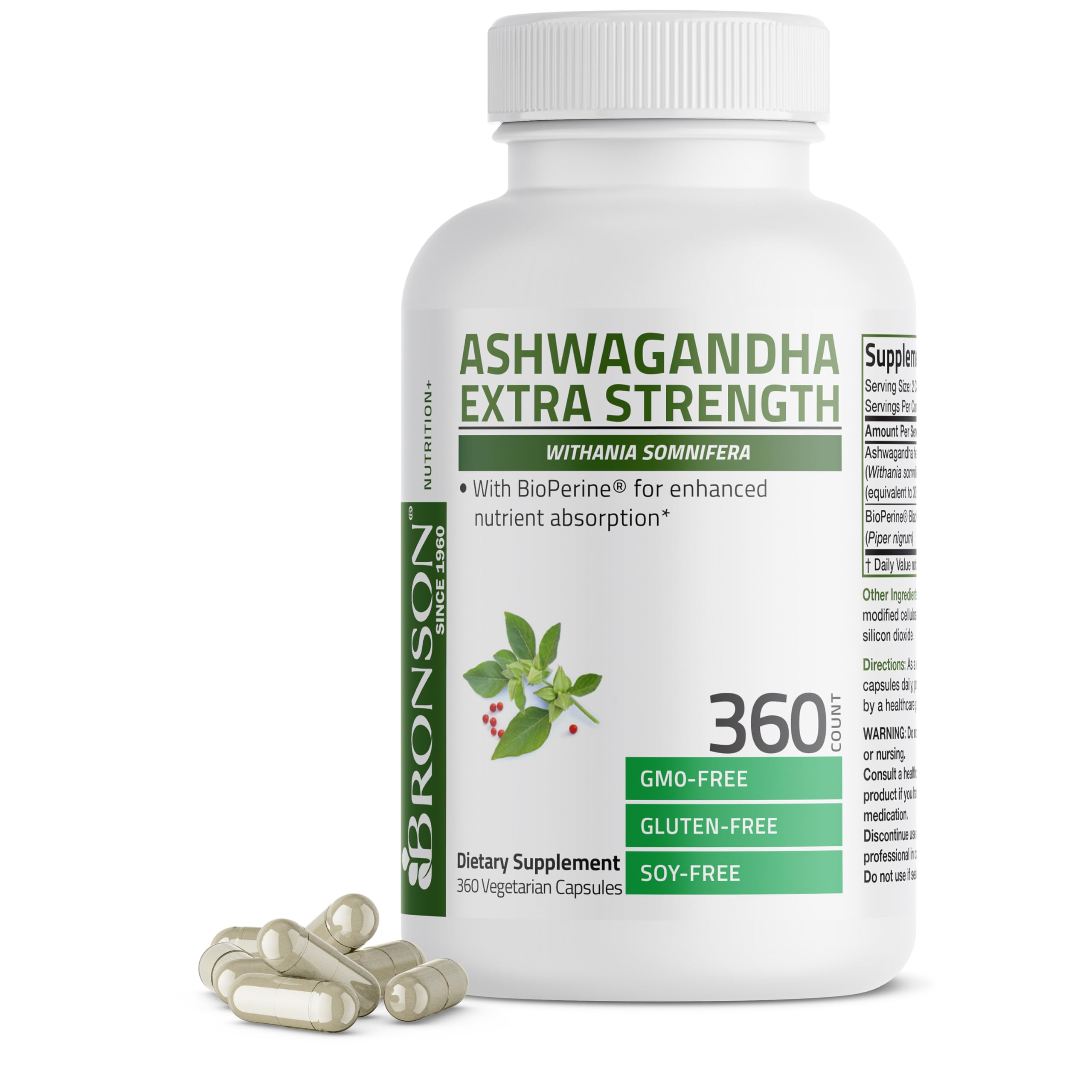 Bronson Ashwagandha Extra Strength Stress & Mood Support 360 Capsules | Vegetarian, Non-GMO, Gluten-Free, Soy-Free, BioPerine for High Absorption