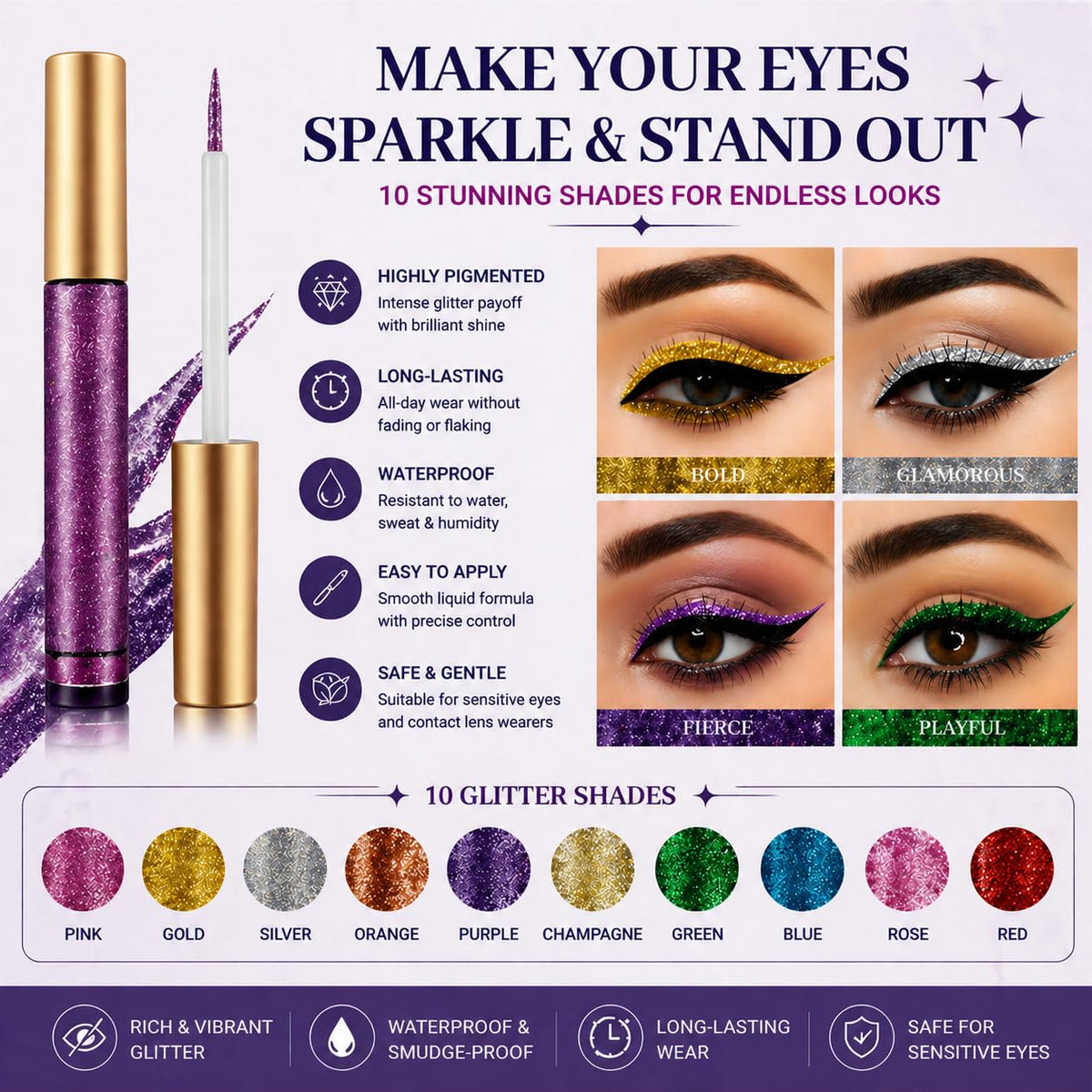 10 Colors Liquid Glitter Eyeliner, Metallic Shimmer Waterproof Makeup