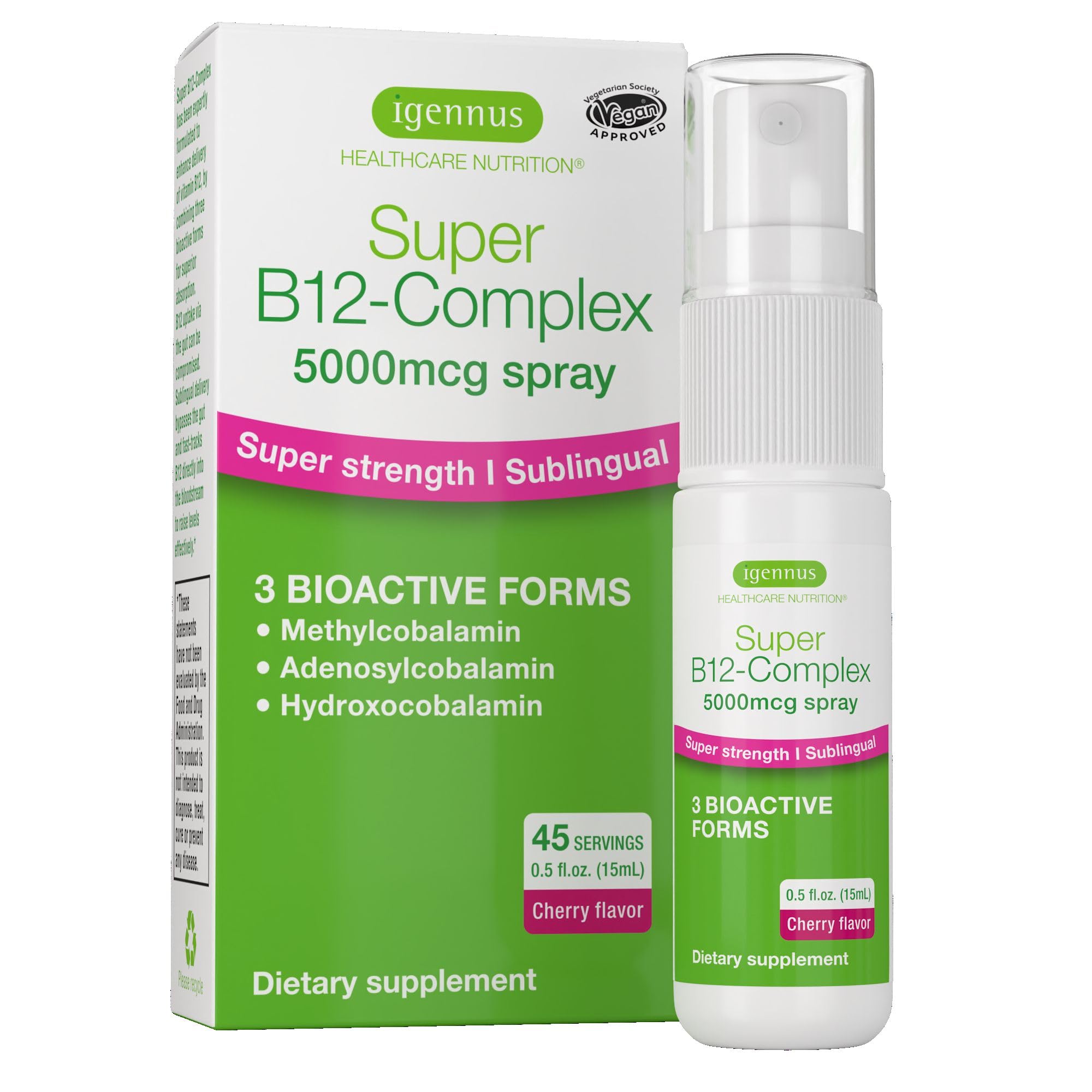 Igennus Super Vitamin B12 Complex 5000mcg Sublingual Spray, 45 Servings | Methylated, three bioactive forms; methylcobalamin, adenosylcobalamin & hydroxocobalamin, high-strength liquid spray, vegan