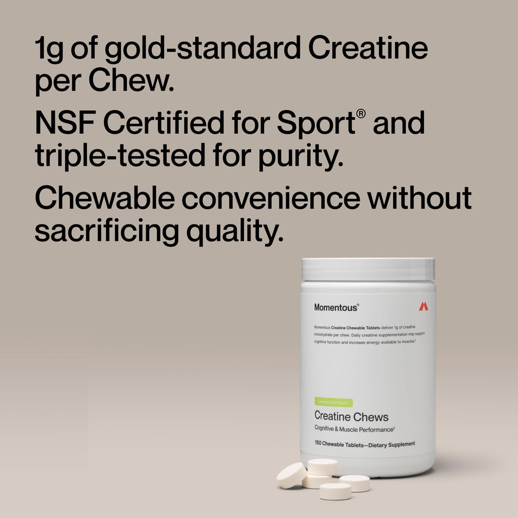 Momentous Creatine Monohydrate Chews, 5g per Serving, Lemon Lime | Supports Lean Muscle, Strength, & Recovery, Chewable Tablets, NSF Certified for Sport, Non-GMO & Gluten-Free (30 Servings)