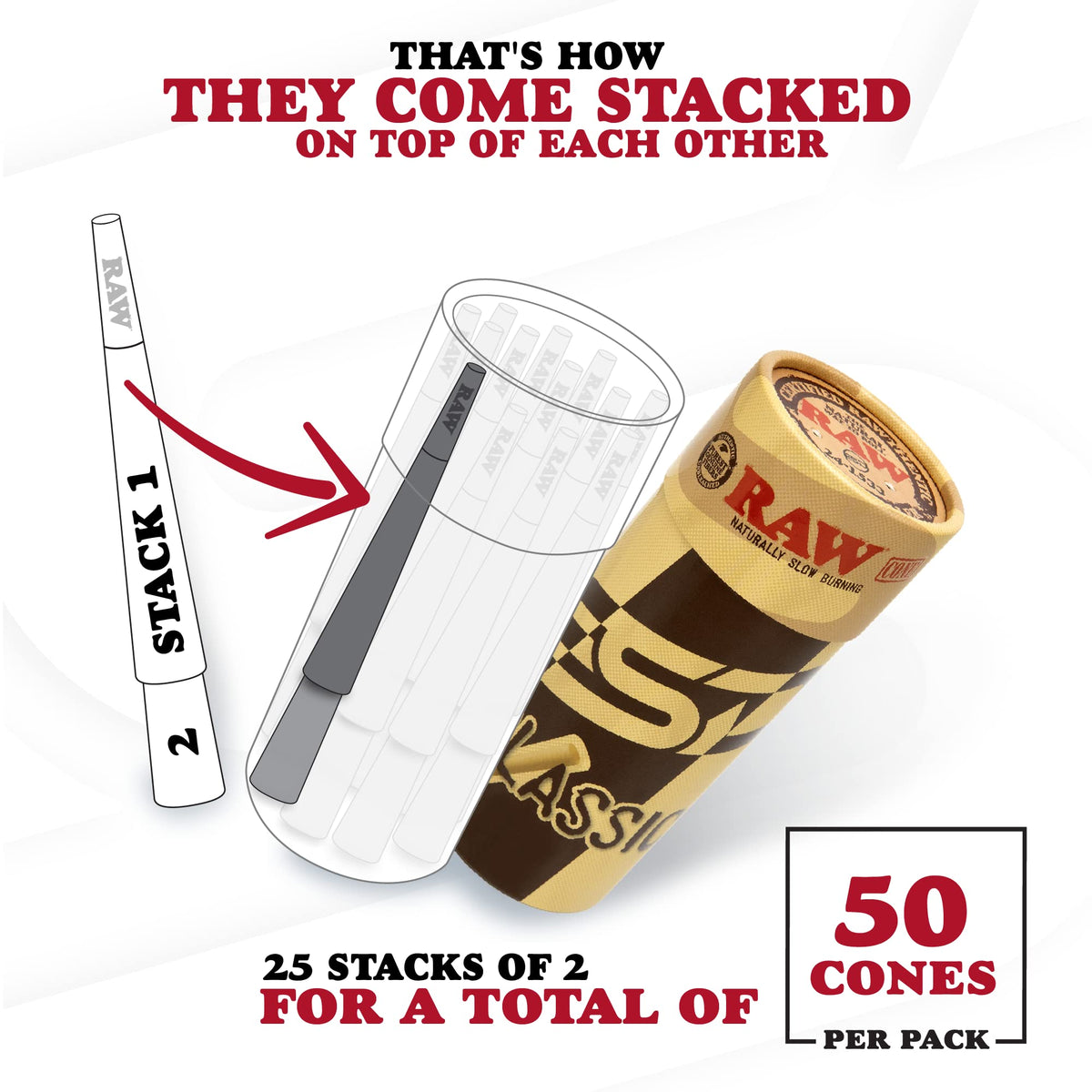 RAW Cones Classic 1-1/4 Size 84mm - 50 Pack - Pre rolls Rolling Papers