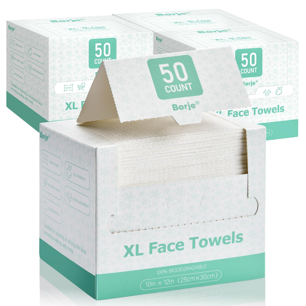 Borje Face Towels XXL, Thick Disposable Face Towel 10" x 12", 300 Count (6 Packs of 50), 100% USDA Biobased Facial Towelettes, Ultra Soft Makeup Remover Dry Wipes for Women Cleansing