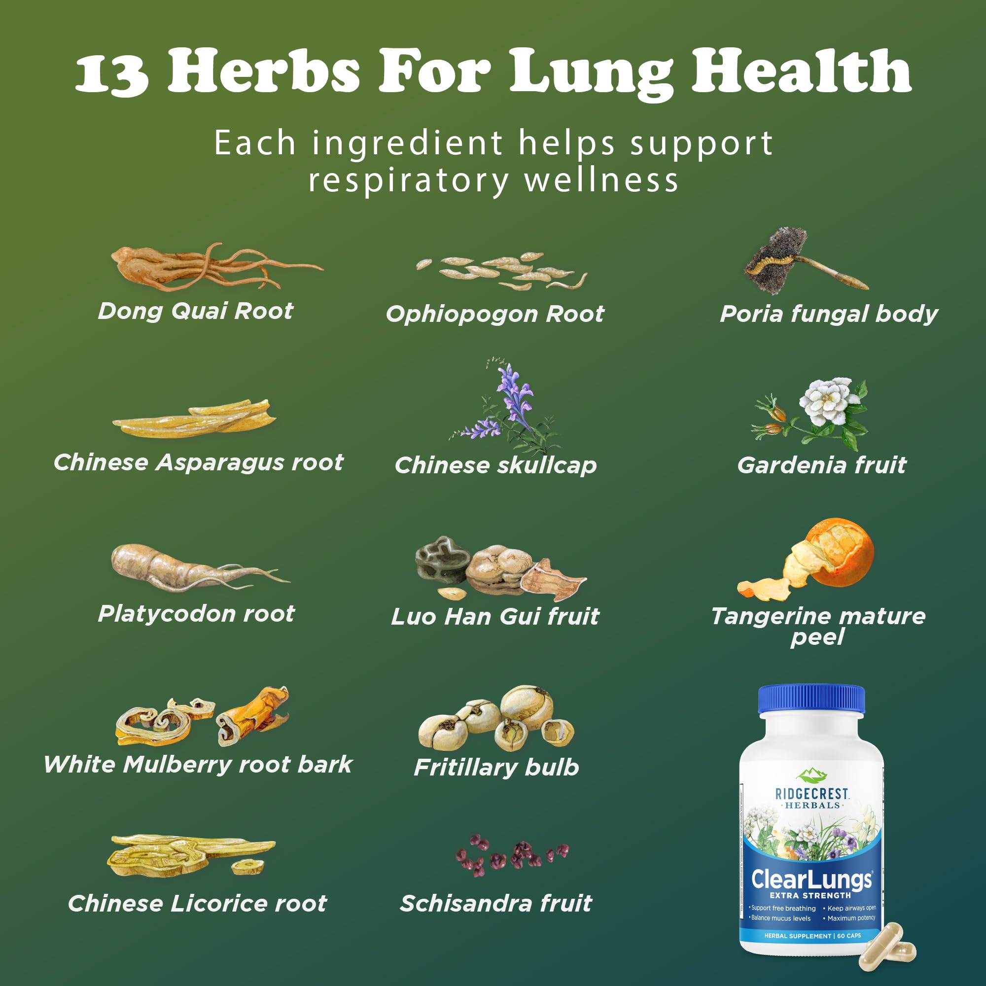 RidgeCrest Herbals ClearLungs Extra Strength Lung Health Support 60 Ct | 30 Servings, 13 Unique Herbs, Natural Nasal Support, Respiratory Comfort, 50% more than Classic with Availablend