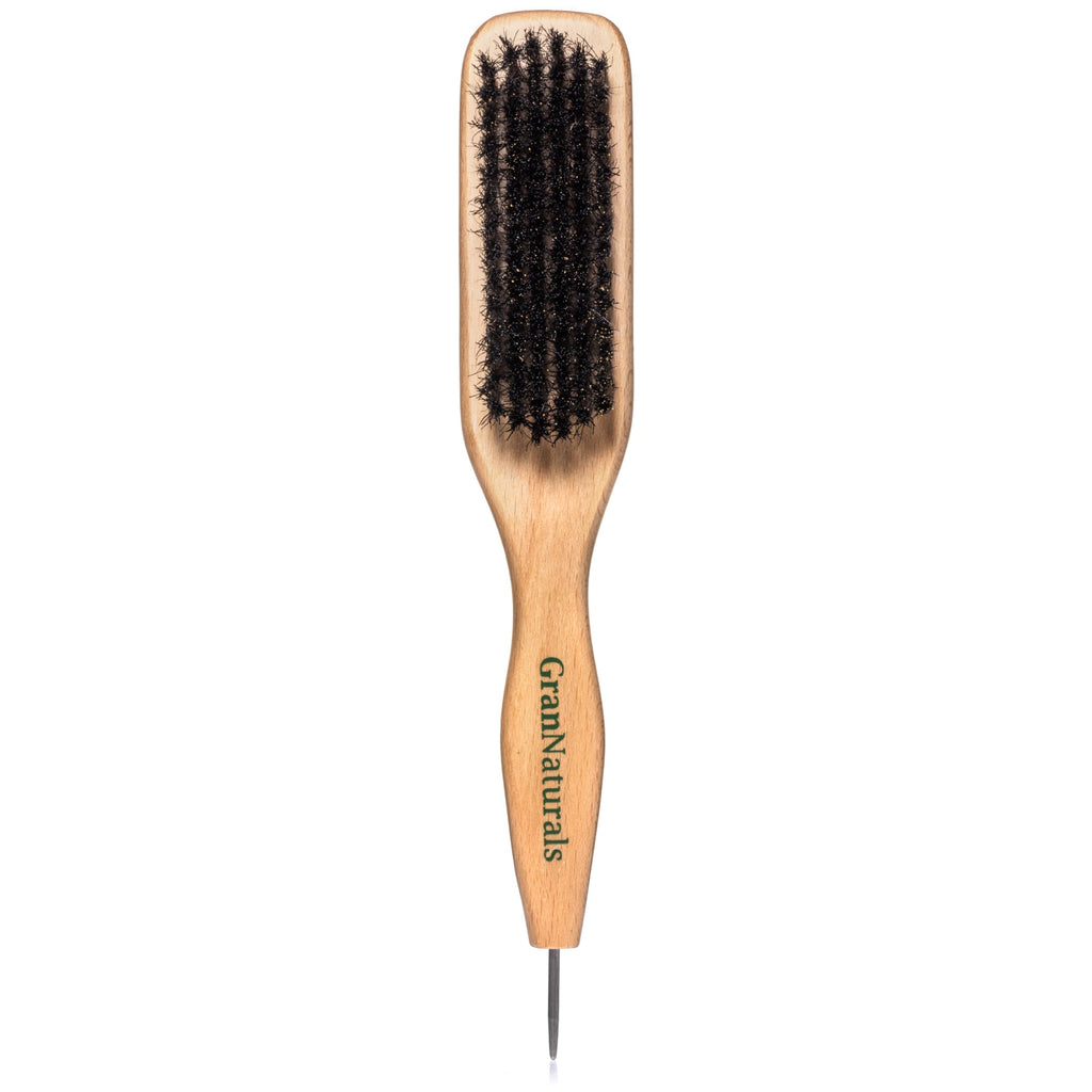 GranNaturals Smoothing & Styling Middle Part Boar Bristle Slick Back Hair Brush w/ Narrow Metal Rat Tail End for Sectioning and Parting Sleek Ponytail Bun - Teasing, Backcombing, Edge Control