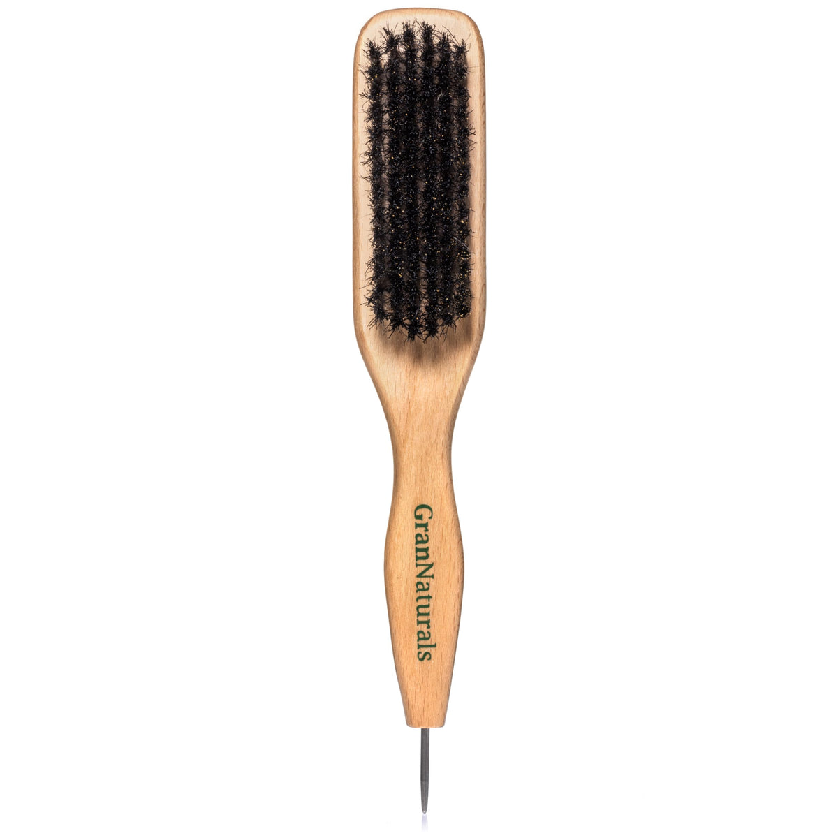 GranNaturals Smoothing & Styling Middle Part Boar Bristle Slick Back Hair Brush w/ Narrow Metal Rat Tail End for Sectioning and Parting Sleek Ponytail Bun - Teasing, Backcombing, Edge Control