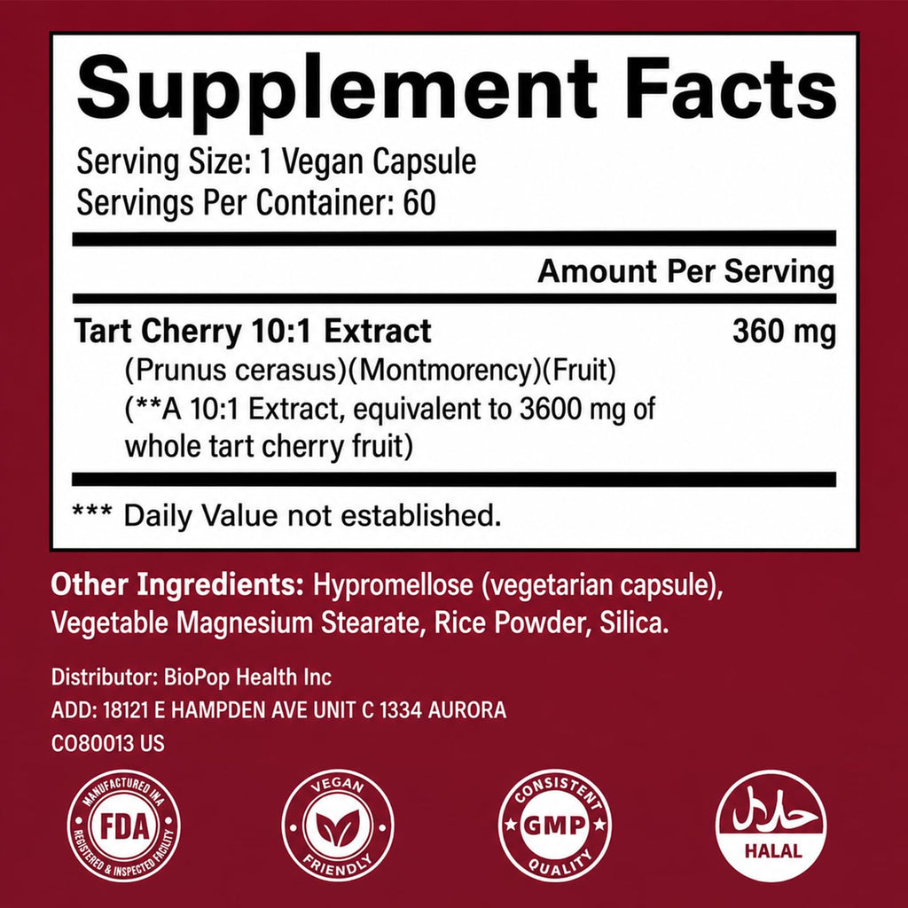 Tart Cherry Extract Capsules, 10:1 Concentrated Tart Cherry Extract Supplement, Antioxidant Support, Non-GMO, 60 Capsules