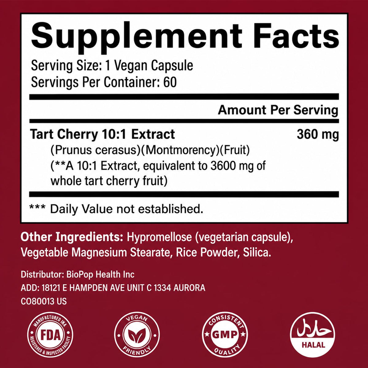 Tart Cherry Extract Capsules, 10:1 Concentrated Tart Cherry Extract Supplement, Antioxidant Support, Non-GMO, 60 Capsules