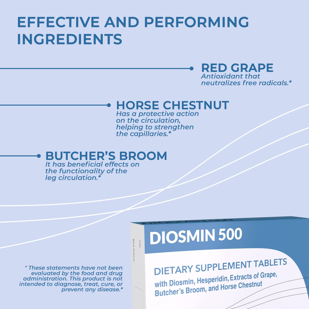 Dulac - Diosmin 500, Dietary Supplement for Leg Circulation, 80 Tablets | With Diosmin Hesperidin, Horse Chestnut, Butcher’s Broom and Red Grape Extract, Made in Italy
