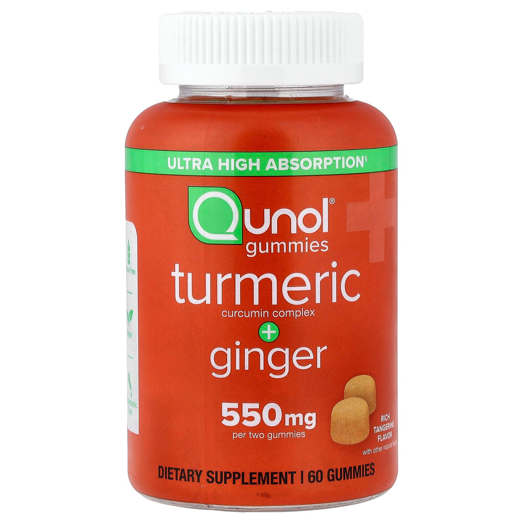 Qunol Turmeric Curcumin & Ginger Gummy, 550mg Enhanced Absorption 60ct | Delicious Vegan & Gluten Free Supplement that Supports Joint Health and Healthy Inflammation Response, Rich Tangerine Flavor